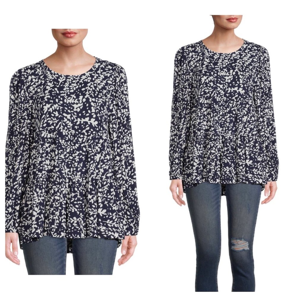 NWT Time and Tru Women's Tiered Blue White Spring‎ Feminine Flowy Top SZ Small